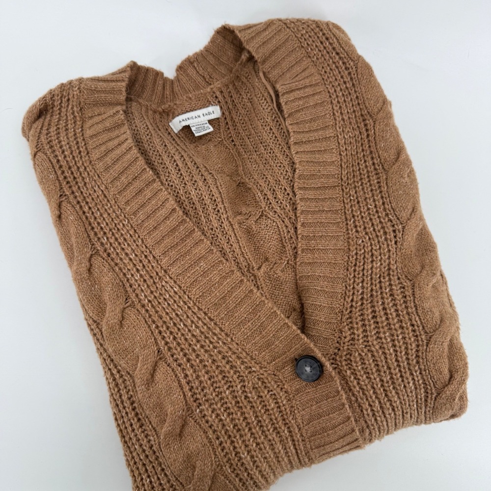 American Eagle Cable Knit Cardigan Brown V-Neck Button Front‎ Pockets Women's XS